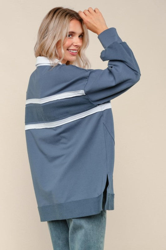 Haptics Collared Solid Loose Fit Pullover Knit Top in Slate Blue