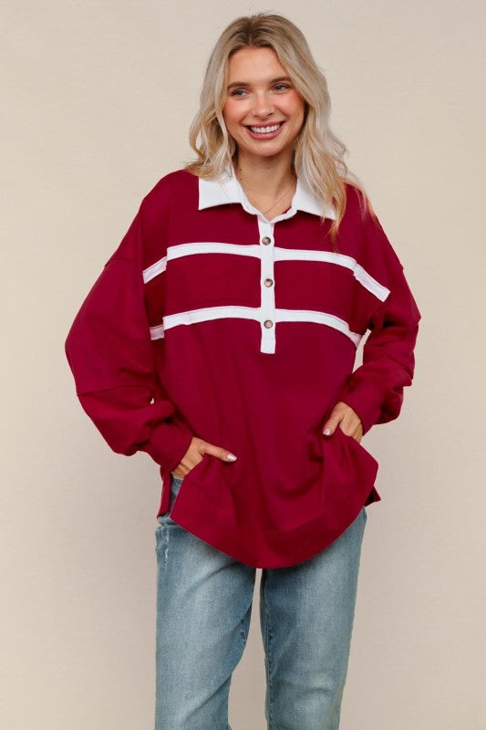 Haptics Collared Solid Loose Fit Pullover Knit Top in Wine