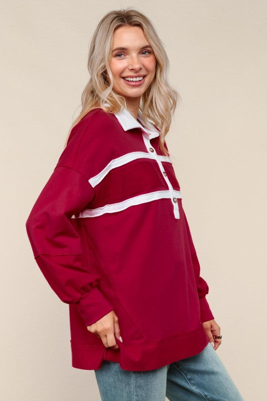 Haptics Collared Solid Loose Fit Pullover Knit Top in Wine