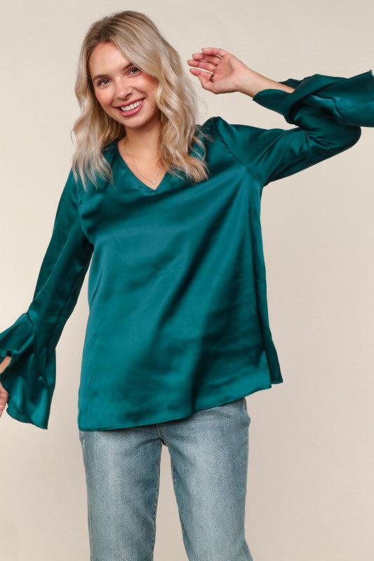 Haptics Teal Solid Satin Blouse W/ Ruffle Hem Sleeve