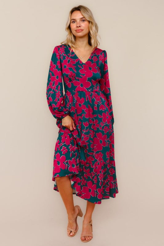 Haptics Teal & Magenta Vintage Floral Midi Ruffle Hem Dress