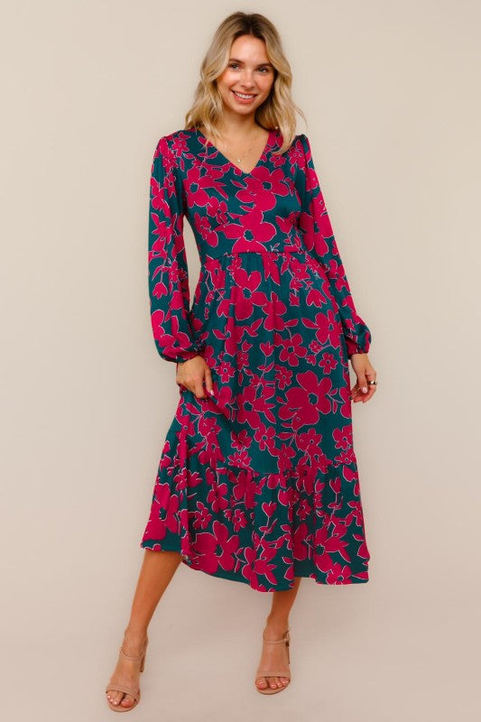 Haptics Teal & Magenta Vintage Floral Midi Ruffle Hem Dress