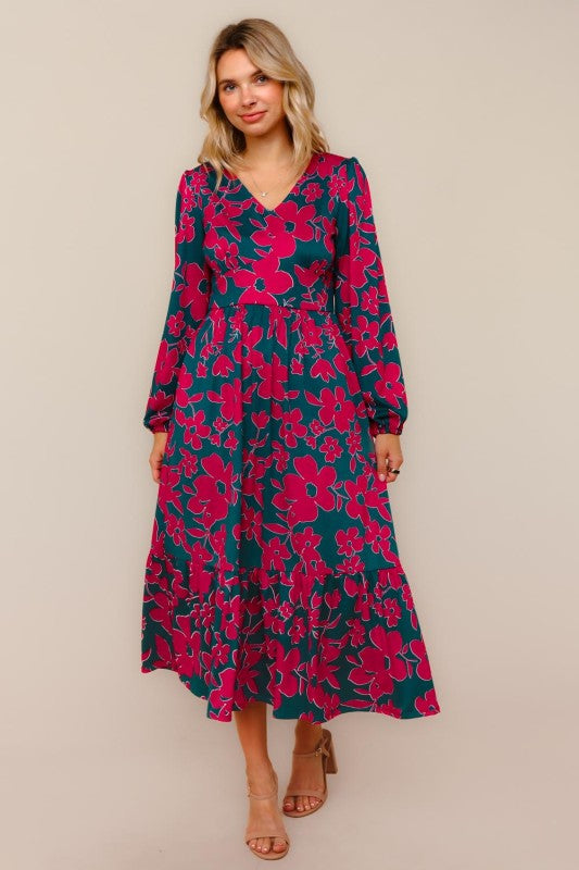 Haptics Teal & Magenta Vintage Floral Midi Ruffle Hem Dress