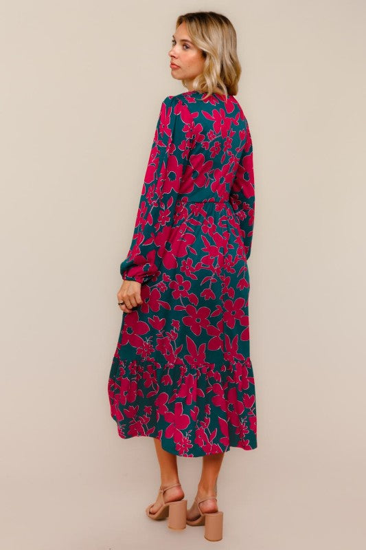 Haptics Teal & Magenta Vintage Floral Midi Ruffle Hem Dress