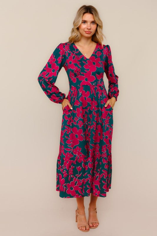 Haptics Teal & Magenta Vintage Floral Midi Ruffle Hem Dress