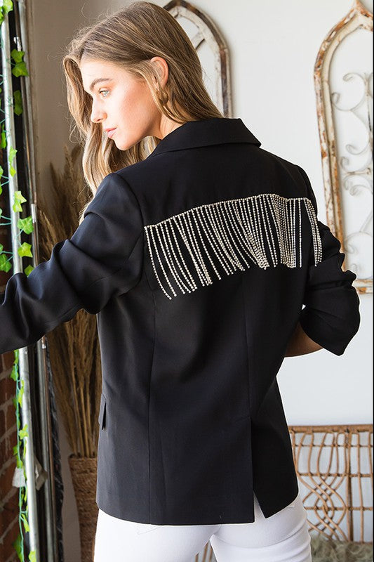 First Love Black Jewel Tassel Lined Button Holiday Blazer