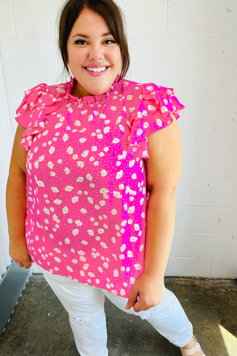 Haptics Hot Pink Floral Mock Neck Double Flutter Sleeve Top