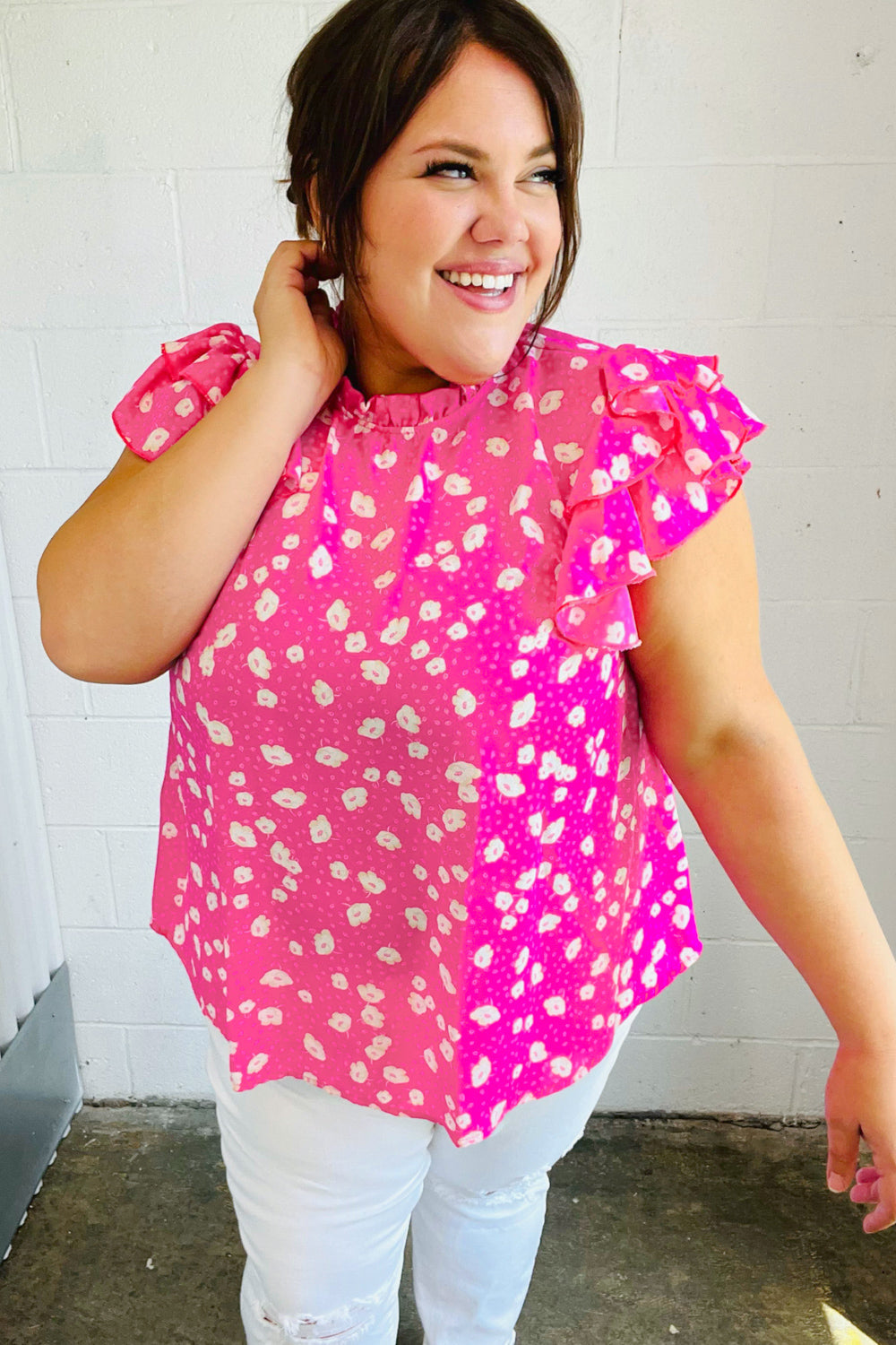 Haptics Hot Pink Floral Mock Neck Double Flutter Sleeve Top