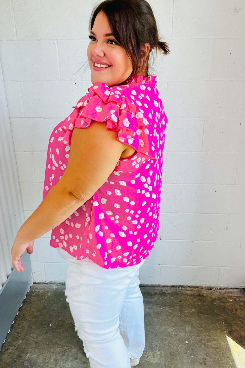 Haptics Hot Pink Floral Mock Neck Double Flutter Sleeve Top