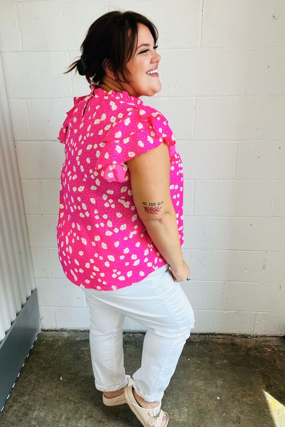 Haptics Hot Pink Floral Mock Neck Double Flutter Sleeve Top