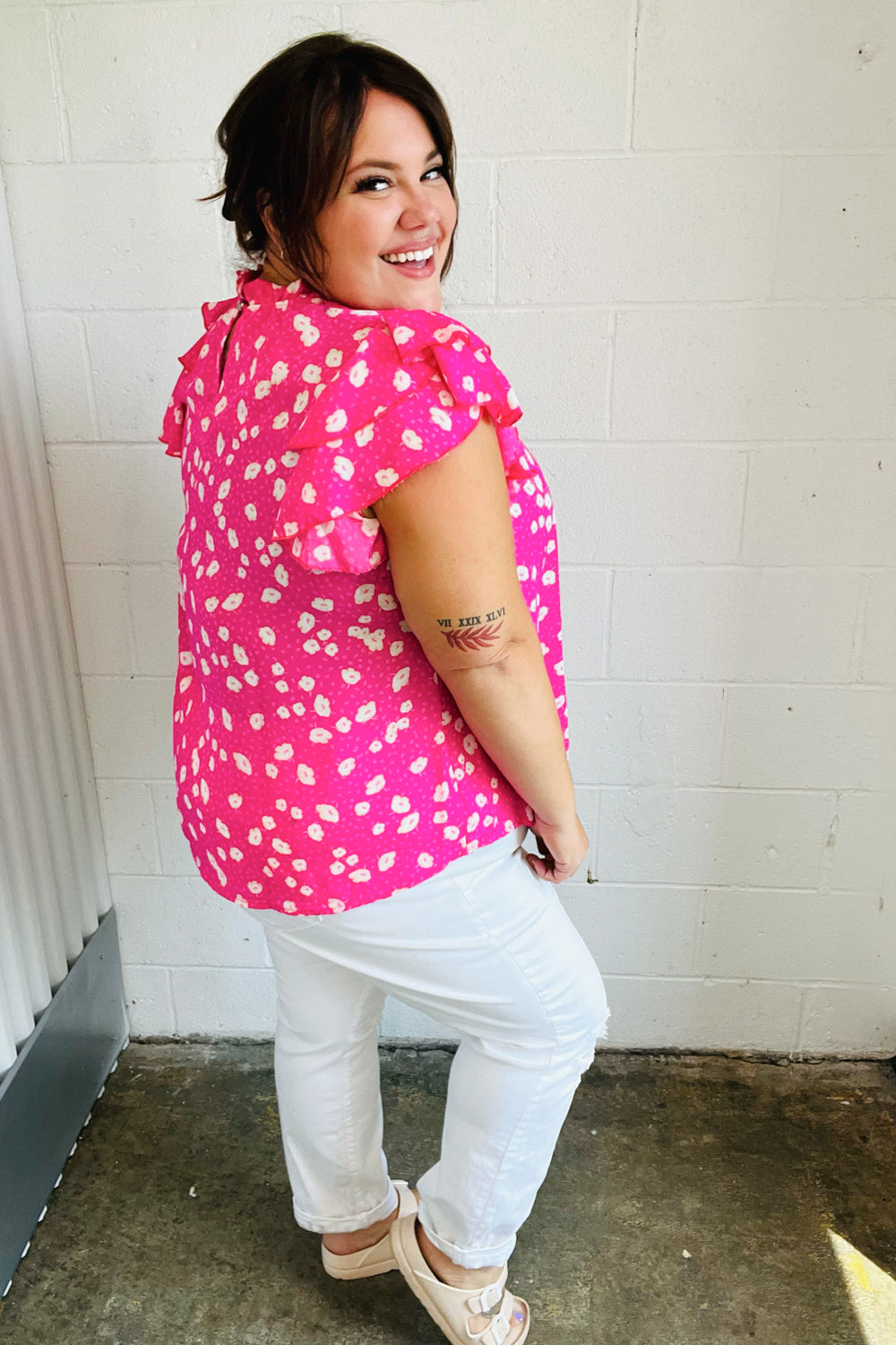 Haptics Hot Pink Floral Mock Neck Double Flutter Sleeve Top