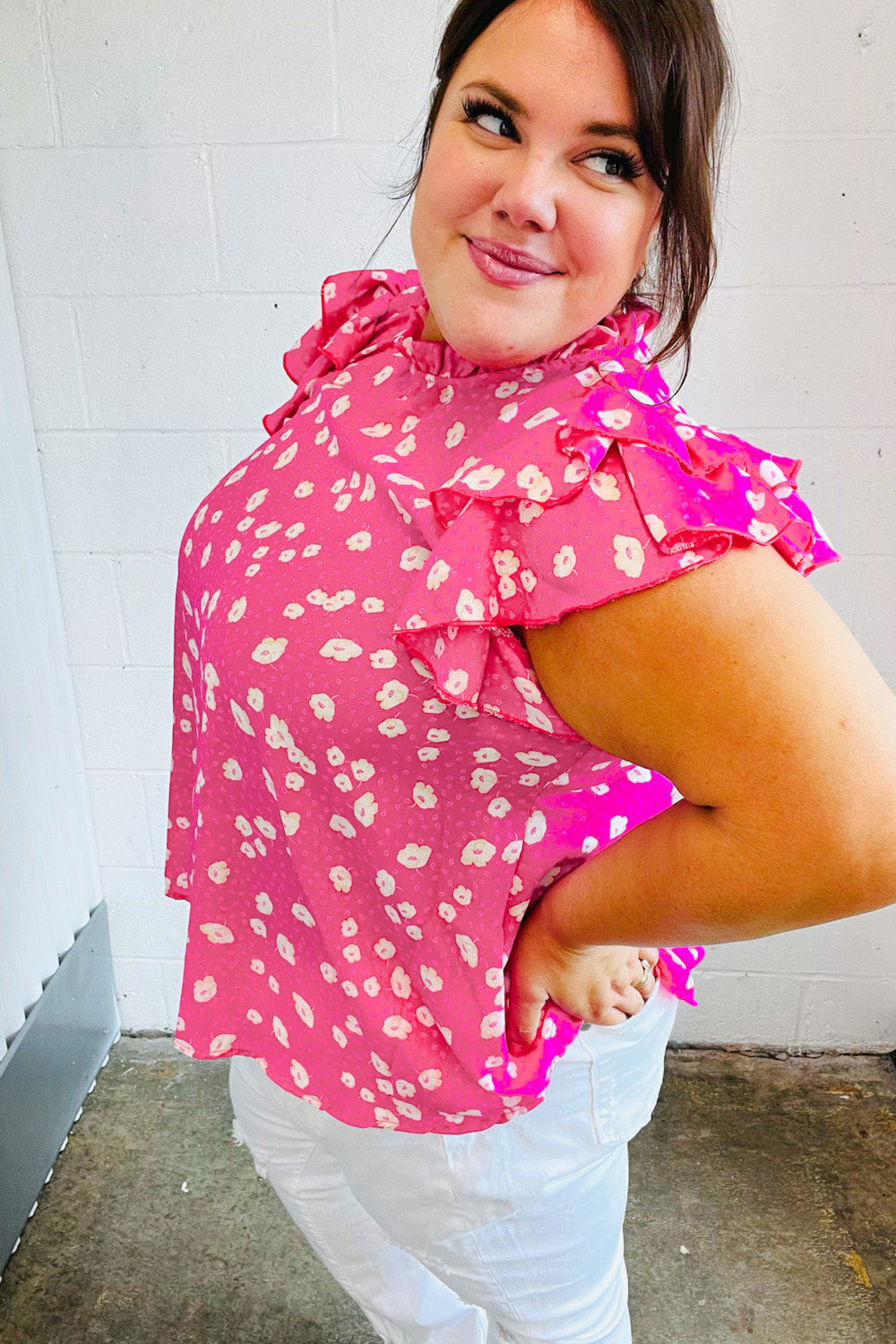 Haptics Hot Pink Floral Mock Neck Double Flutter Sleeve Top