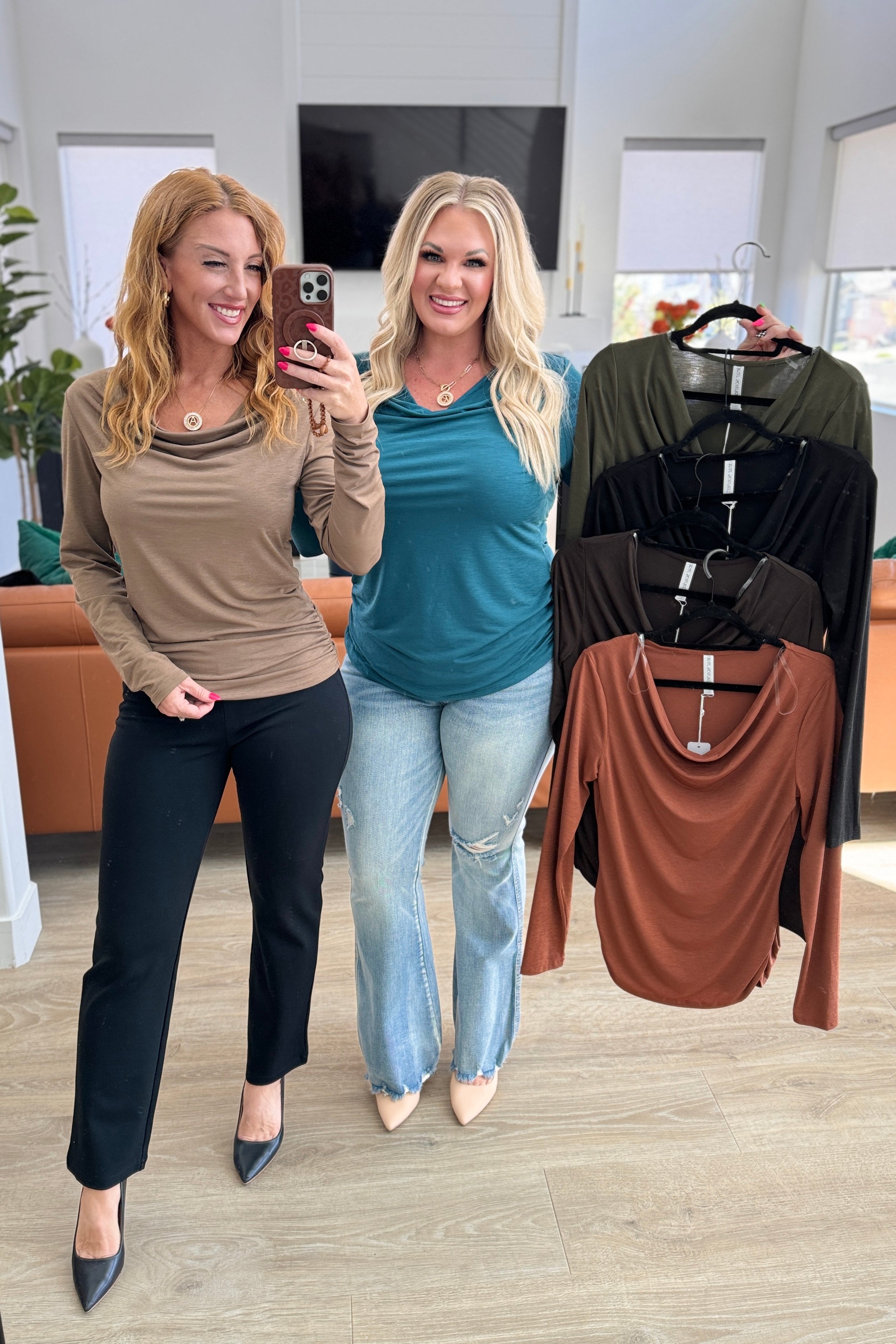 Dear Scarlett Ruched Cowl Neck Top in Mocha Shirts & Tops