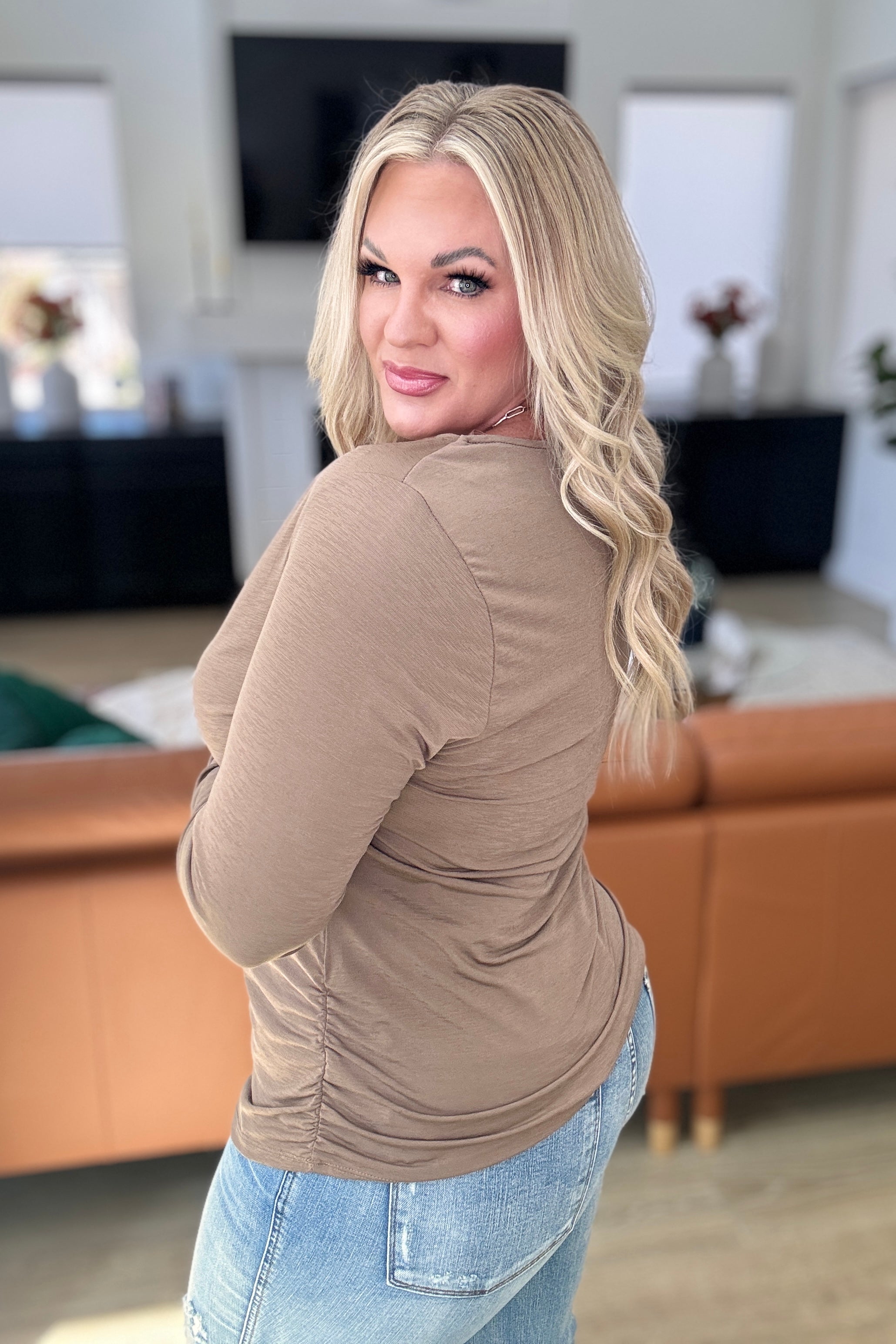 Dear Scarlett Ruched Cowl Neck Top in Mocha Shirts & Tops