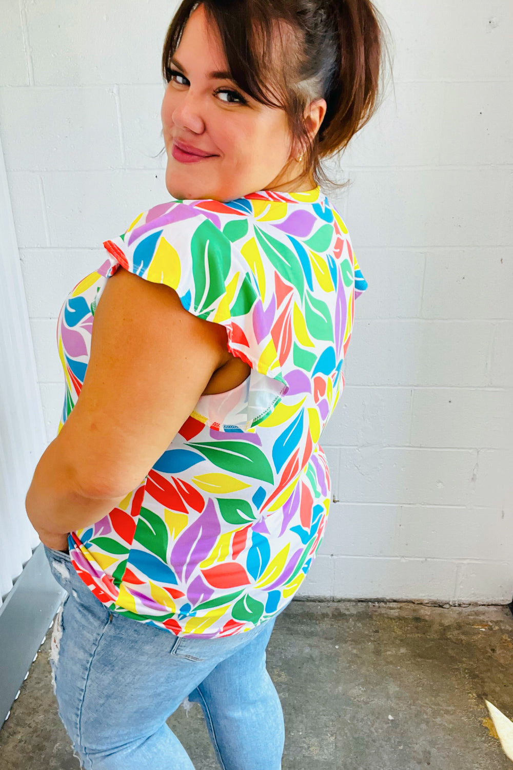 Haptics Feeling Playful Lavender & Yellow Floral Print Flutter Sleeve Top 2024 Summer Blow Out Sale