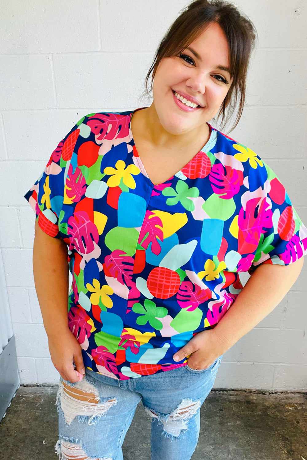 Haptics Navy Multicolor Tropical Print V Neck Top
