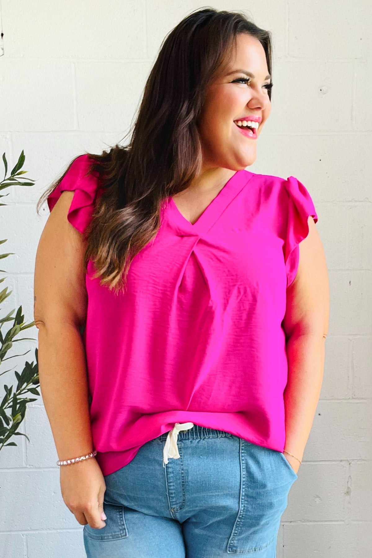 Haptics Summer Days Fuchsia Banded V Neck Flutter Sleeve Top 2025 Summer-Blow Out Sale