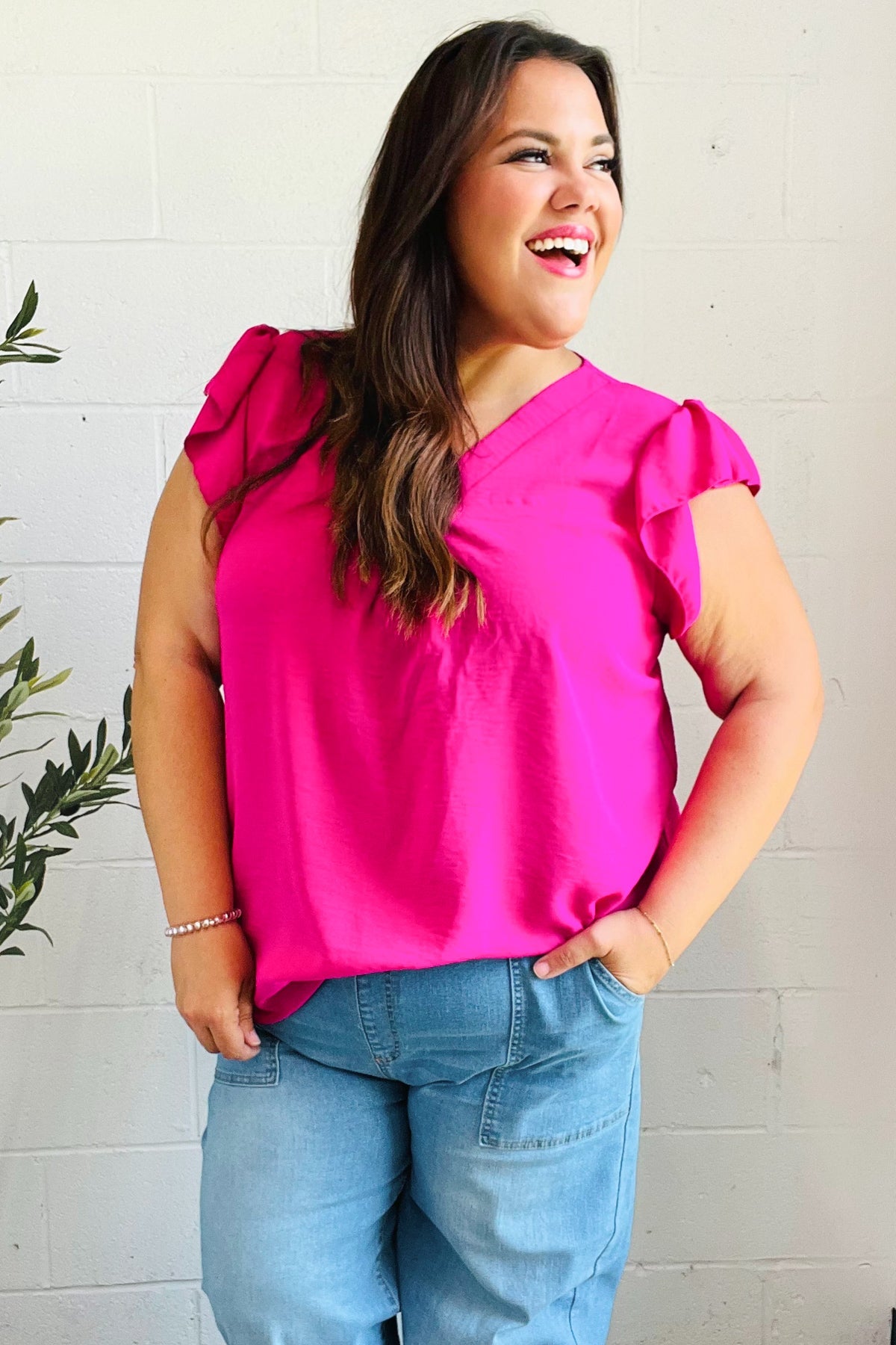 Haptics Summer Days Fuchsia Banded V Neck Flutter Sleeve Top 2025 Summer-Blow Out Sale