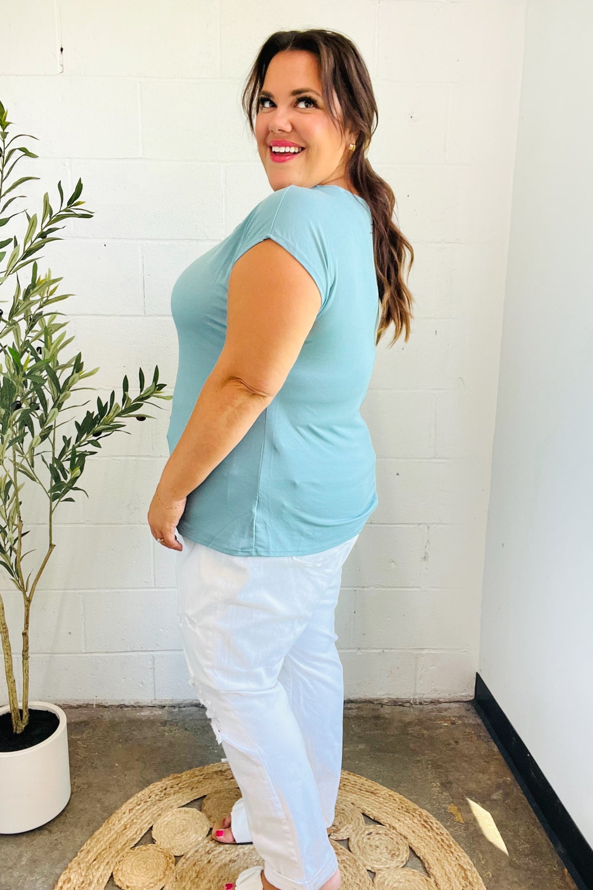 Haptics Aqua Asymmetrical Shirred Modal Top 2024 Blow-Out Sale