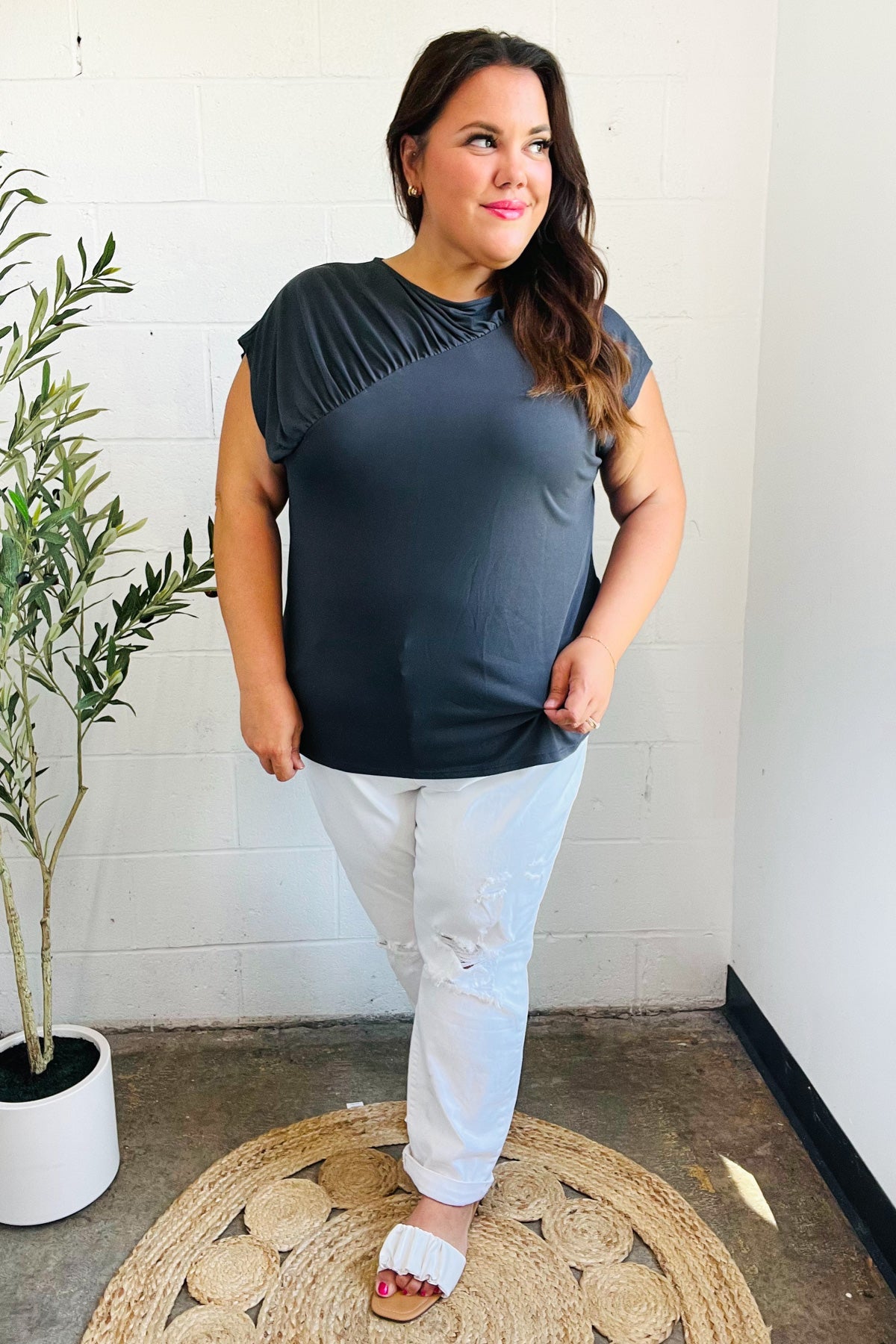 Haptics Charcoal Asymmetrical Shirred Modal Top 2024 Blow-Out Sale