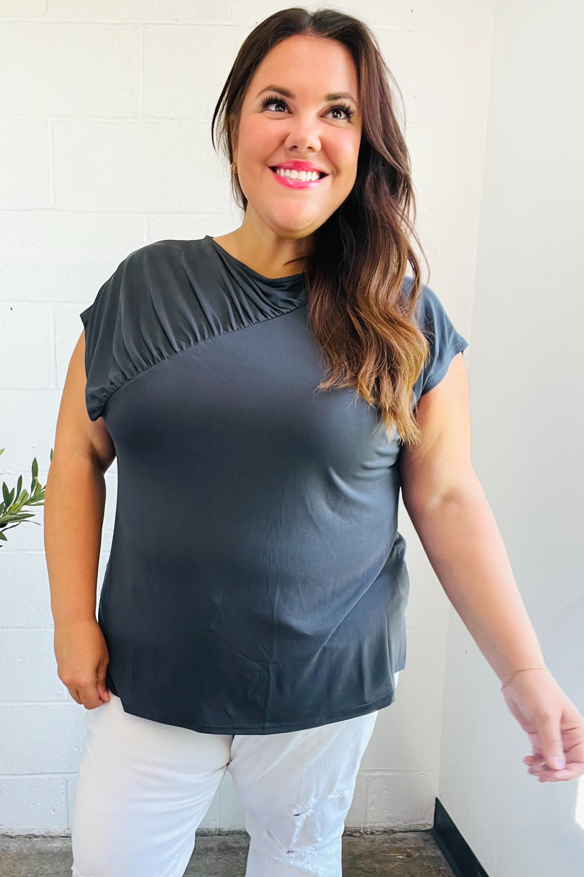 Haptics Charcoal Asymmetrical Shirred Modal Top 2024 Blow-Out Sale