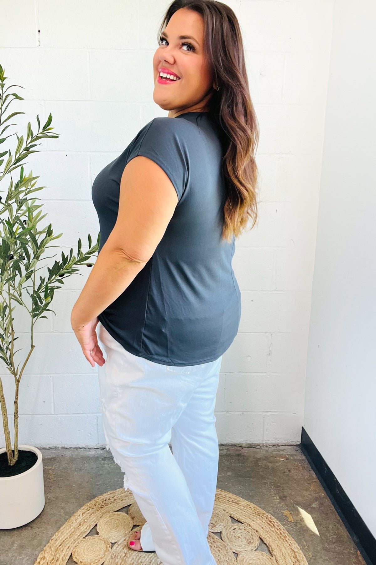 Haptics Charcoal Asymmetrical Shirred Modal Top 2024 Blow-Out Sale