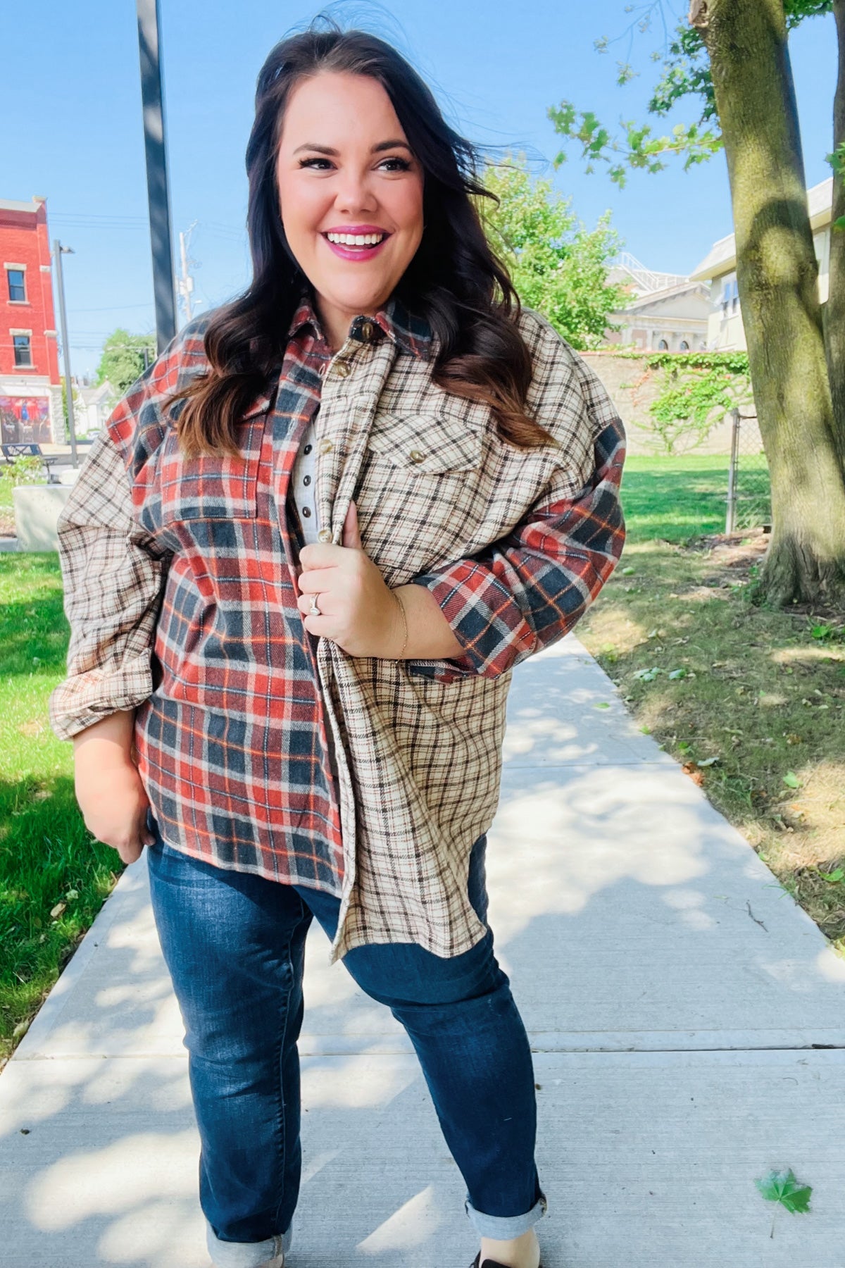 Haptics Make A Statement Rust & Taupe Plaid Color Block Shacket Final Sale