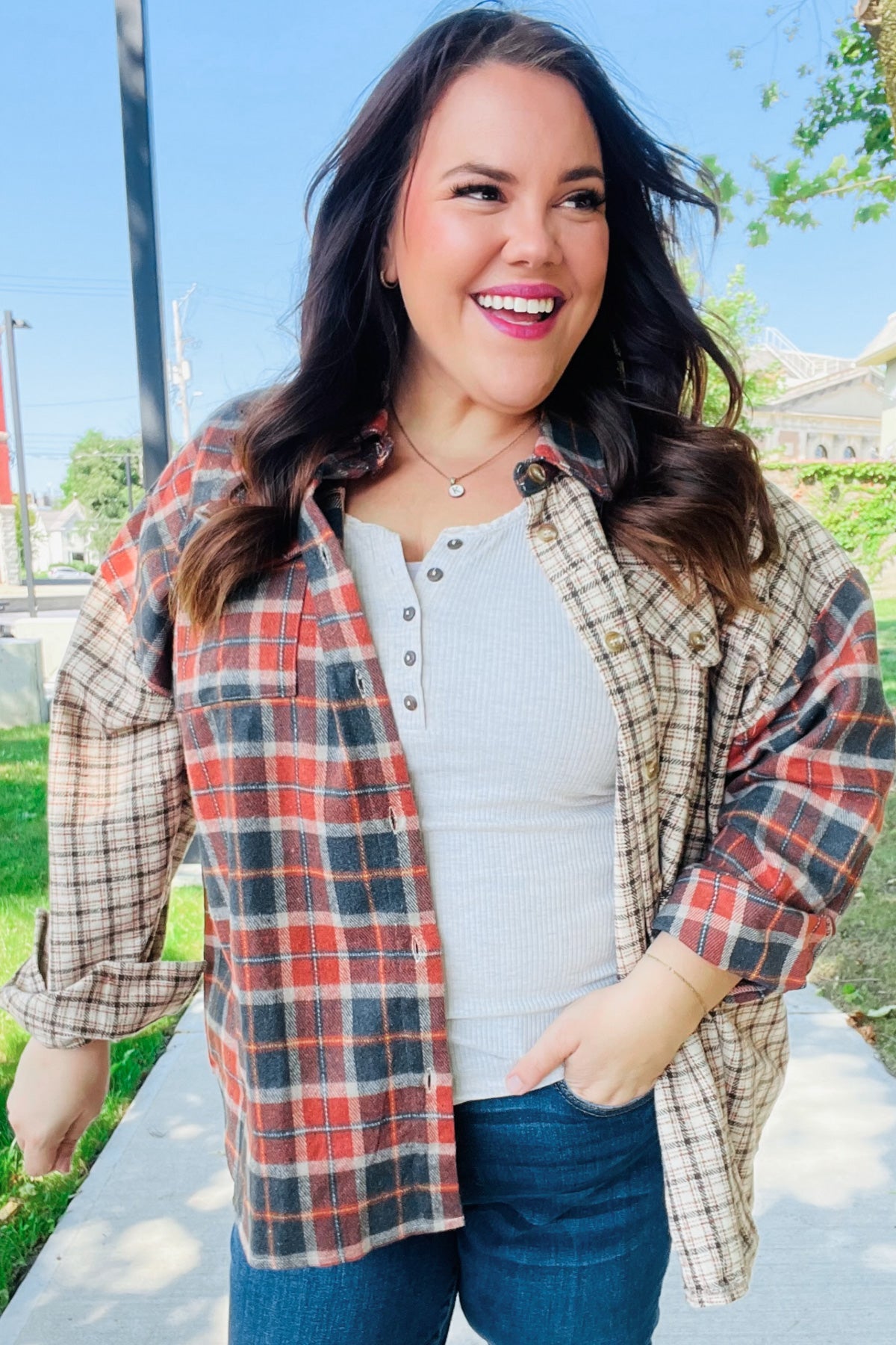 Haptics Make A Statement Rust & Taupe Plaid Color Block Shacket Final Sale