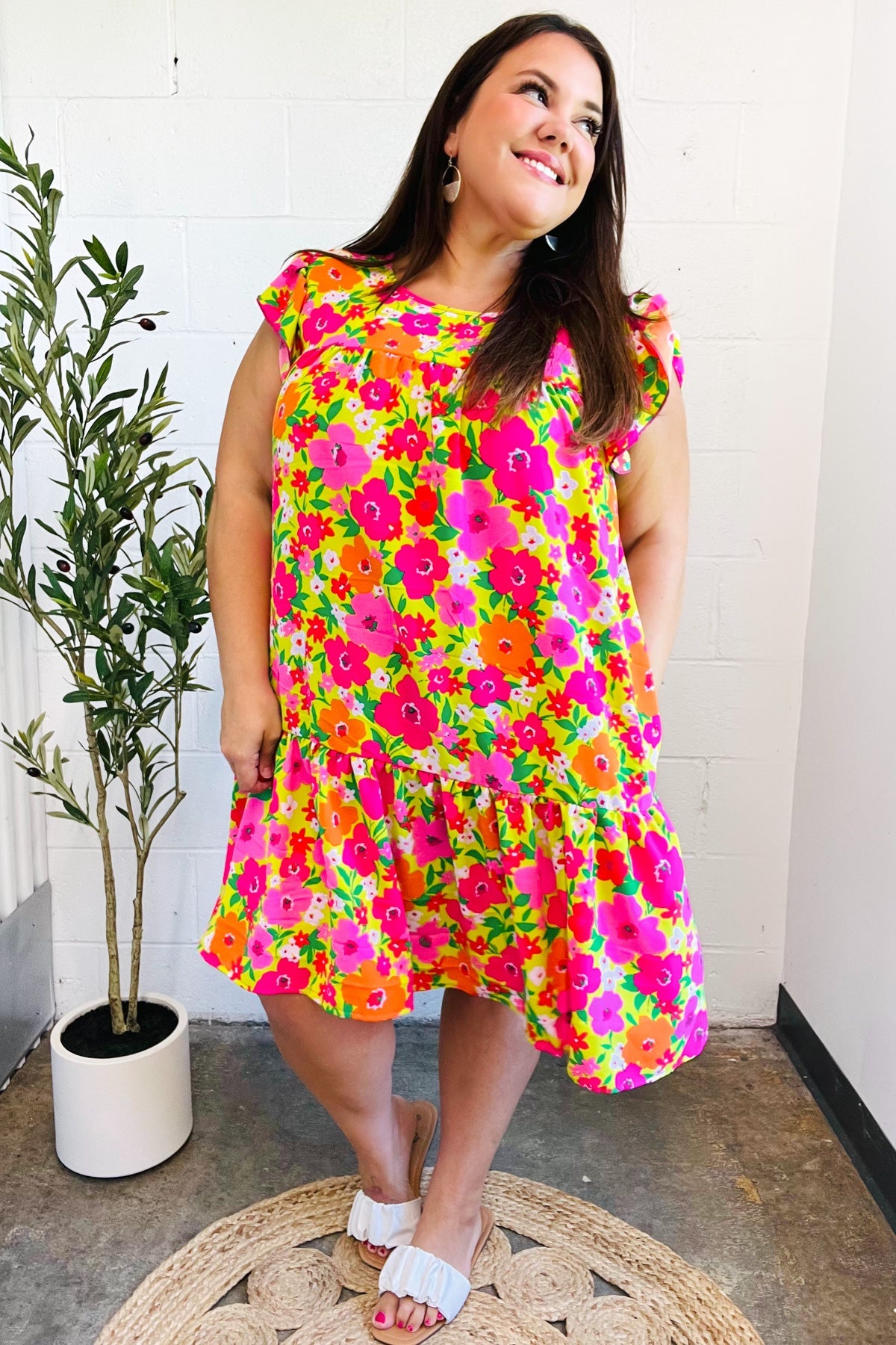Haptics Be Charming Lime & Pink Floral Print Tiered Ruffle Sleeve Dress Dresses