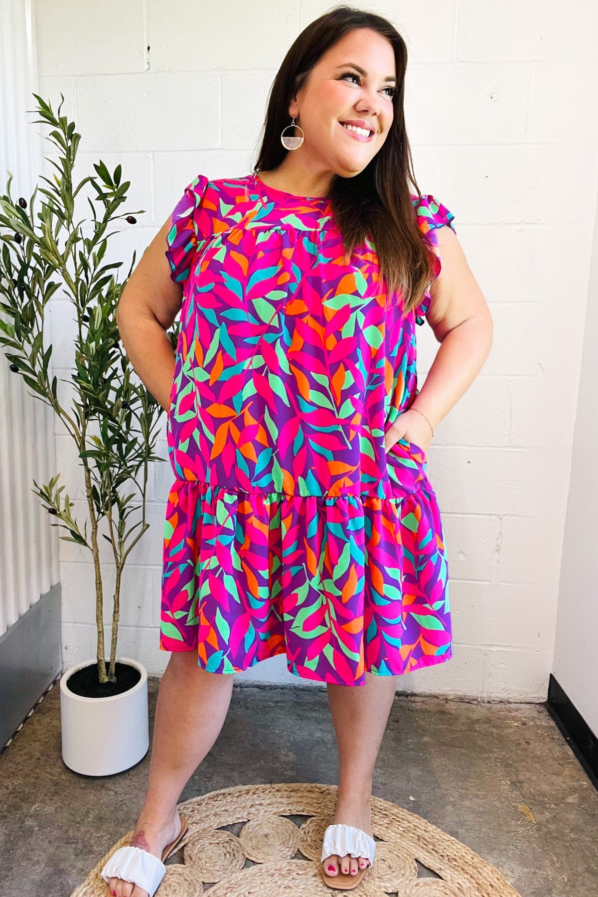 Large Haptics Purple Abstract Floral Print Tiered Ruffle Sleeve Dress 2024 Blow-Out Sale