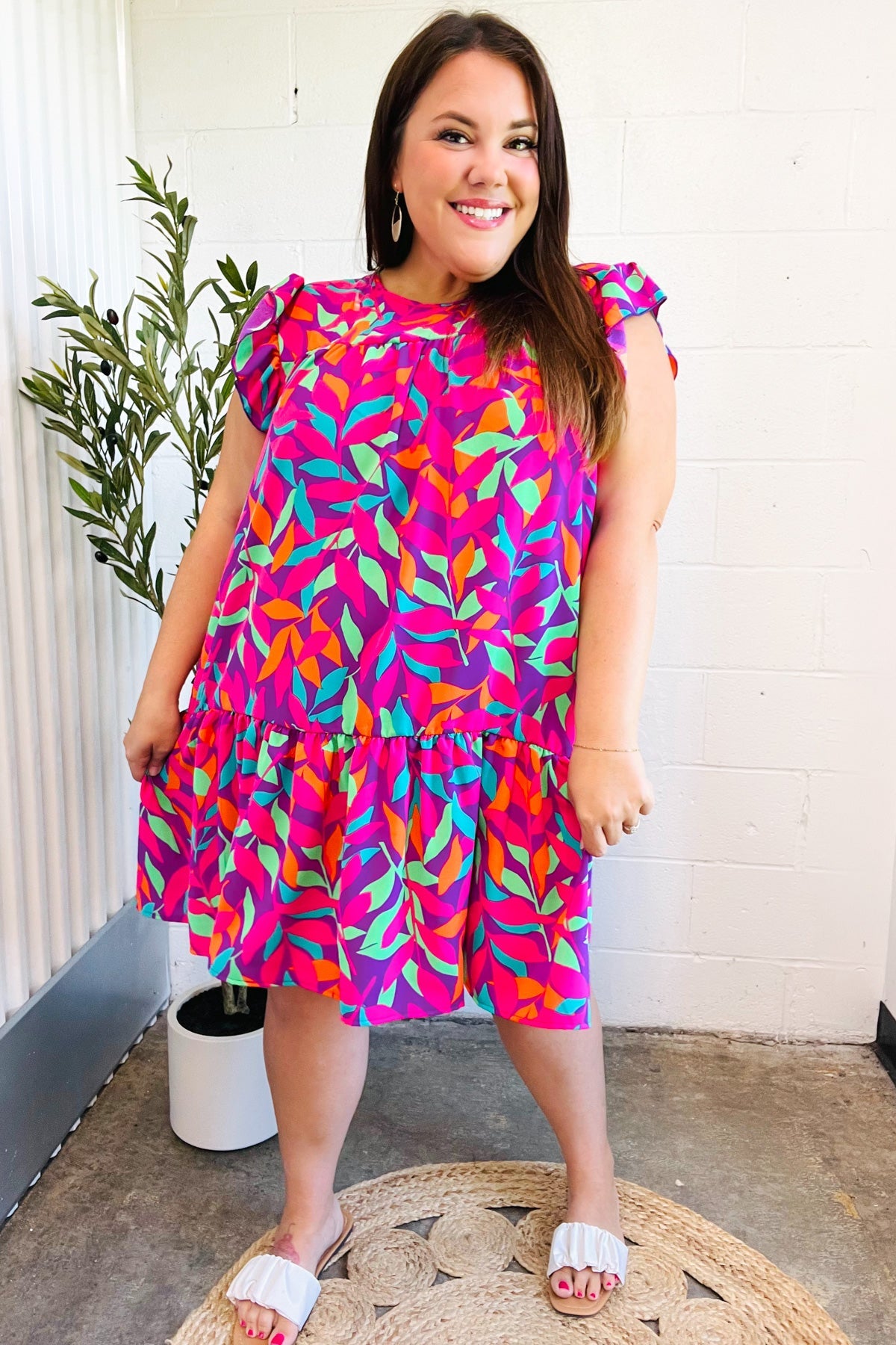 Large Haptics Purple Abstract Floral Print Tiered Ruffle Sleeve Dress 2024 Blow-Out Sale