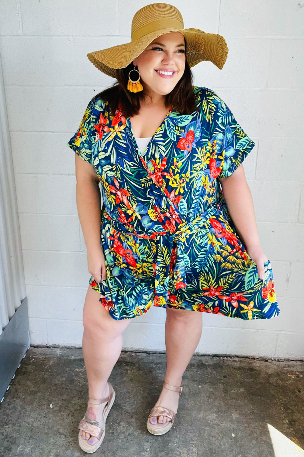 Haptics Navy Tropical Floral Surplice Romper