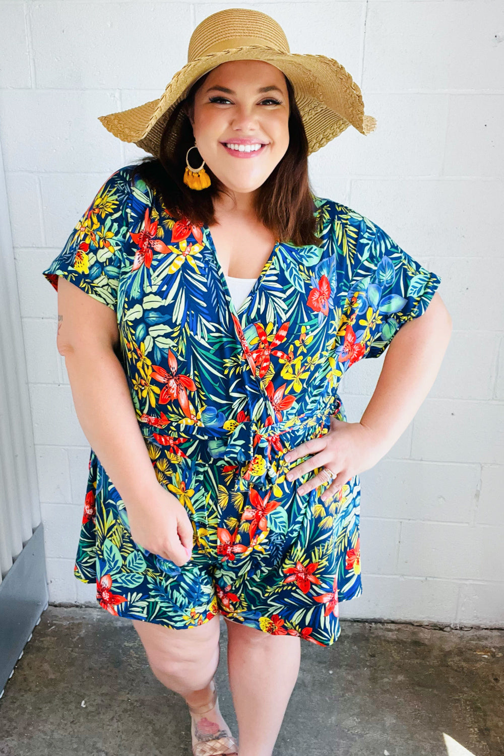Haptics Navy Tropical Floral Surplice Romper