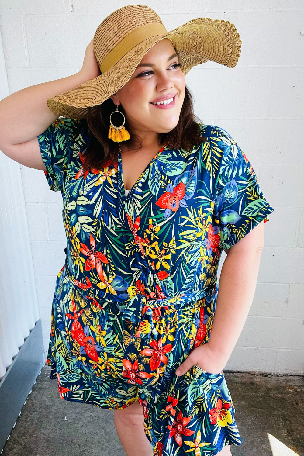 Haptics Navy Tropical Floral Surplice Romper