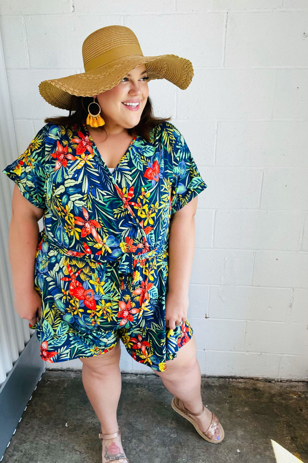 Haptics Navy Tropical Floral Surplice Romper