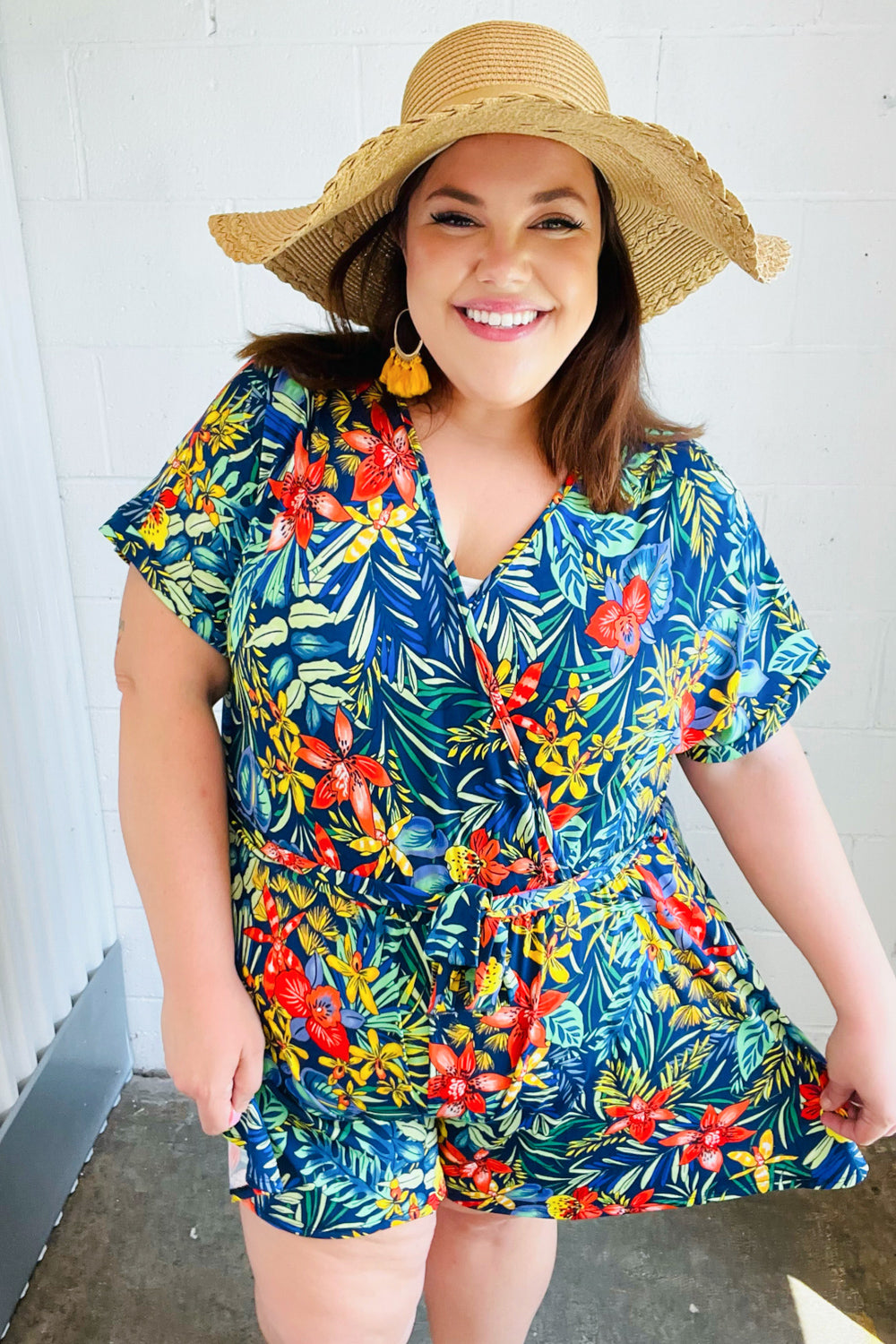 Haptics Navy Tropical Floral Surplice Romper