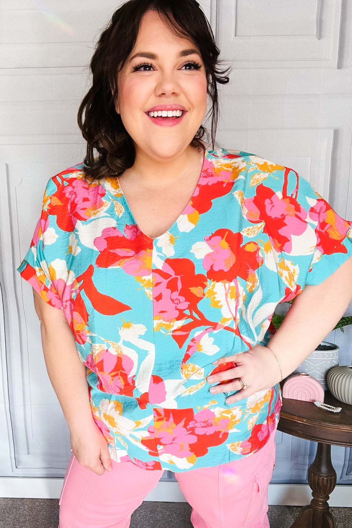 Haptics Aqua & Coral Floral V Neck Woven Top