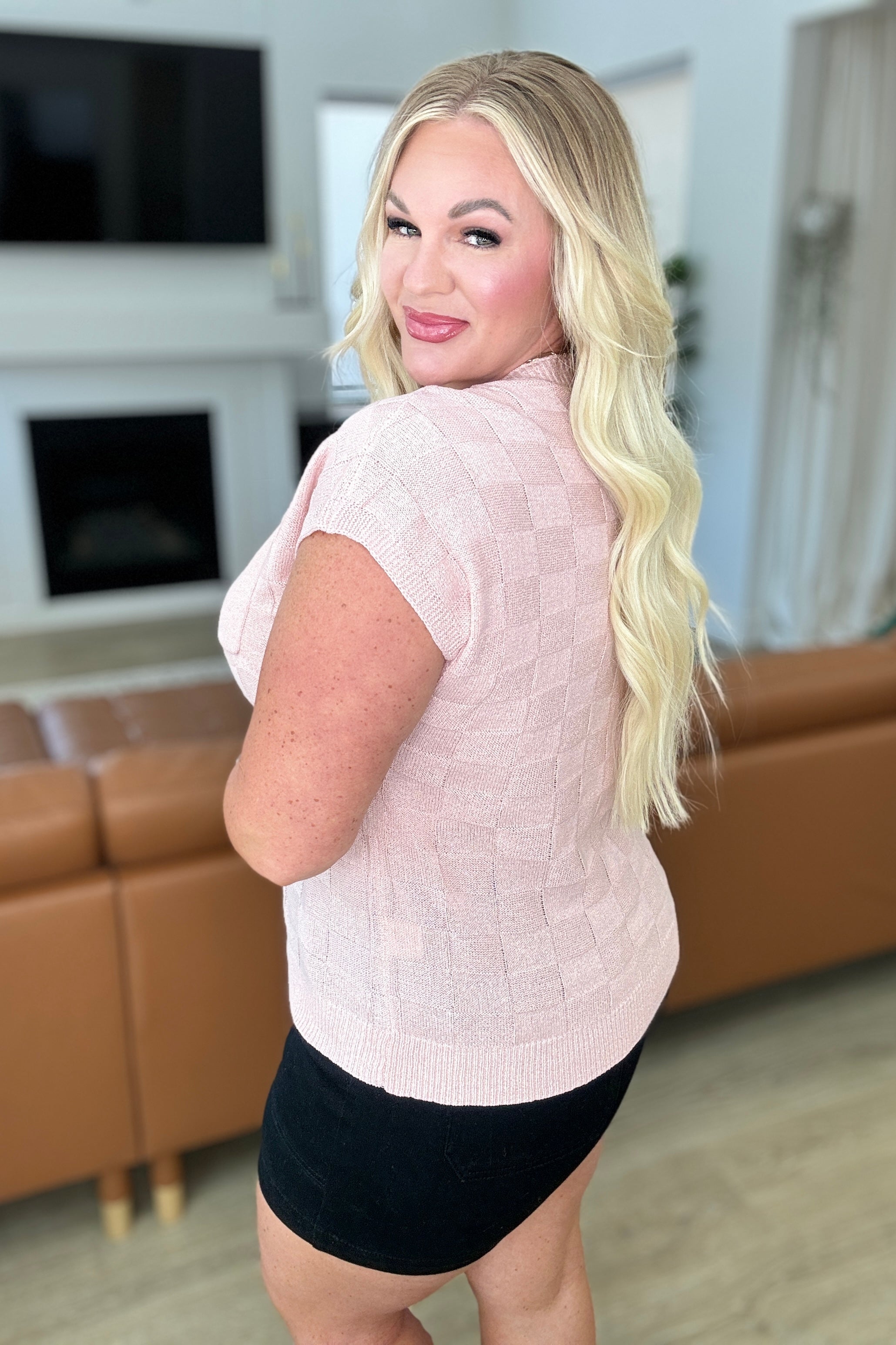 One Eleven North Pink Checkmate Cap Sleeve Sweater Tops