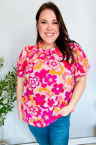 Haptics Fuchsia Big Floral Frill Neck Back Button Blouse