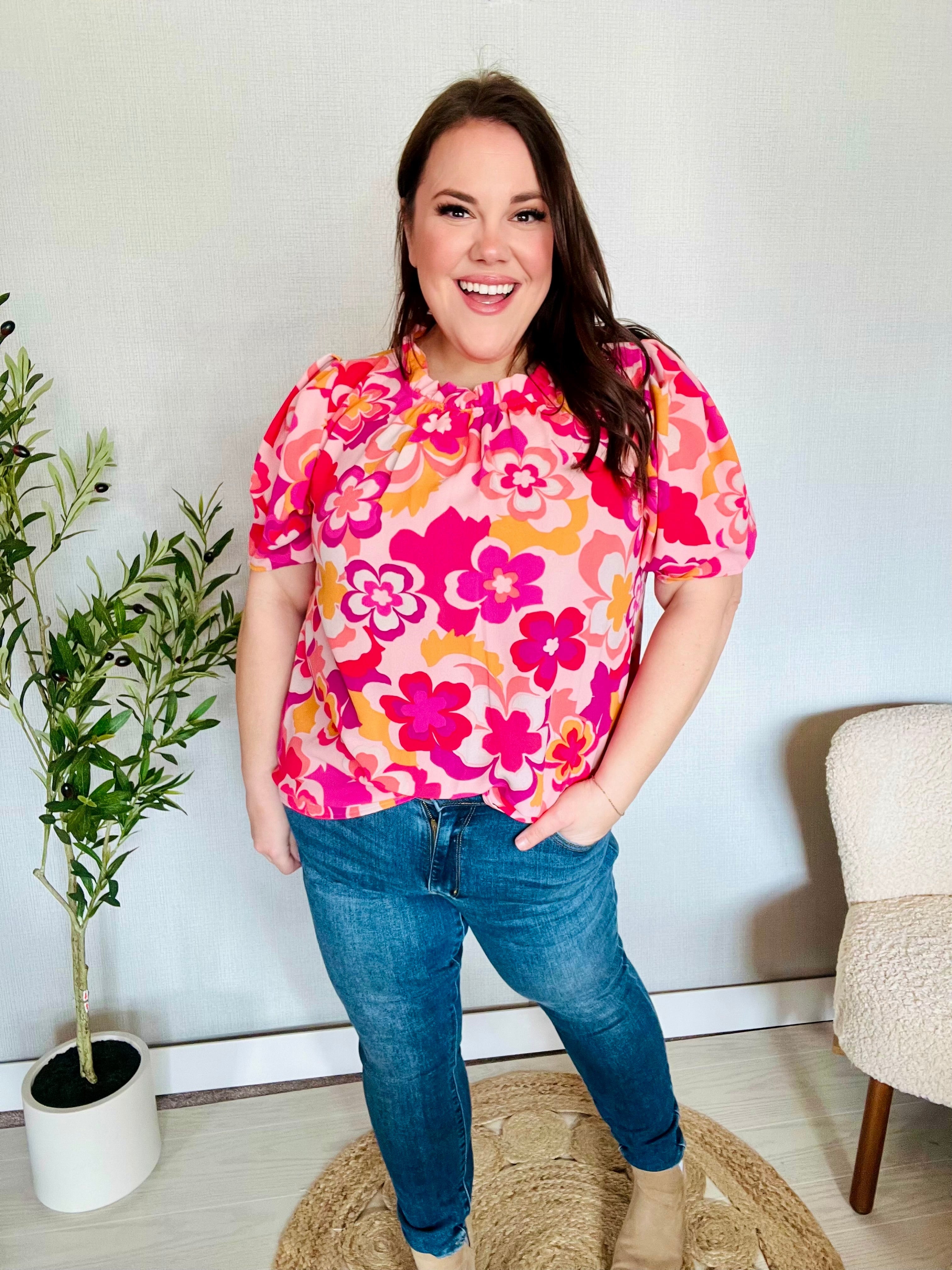 Medium Haptics Floral Back Keyhole Short Smocked Banded Sleeve Top