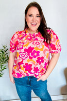 Haptics Fuchsia Big Floral Frill Neck Back Button Blouse