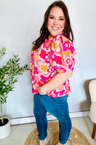 Haptics Fuchsia Big Floral Frill Neck Back Button Blouse