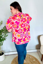 Haptics Fuchsia Big Floral Frill Neck Back Button Blouse