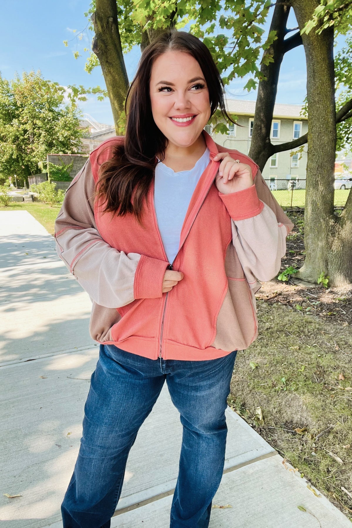 Haptics Boldy You Camel Dolman Sleeve Color block Knit Bomber Jacket