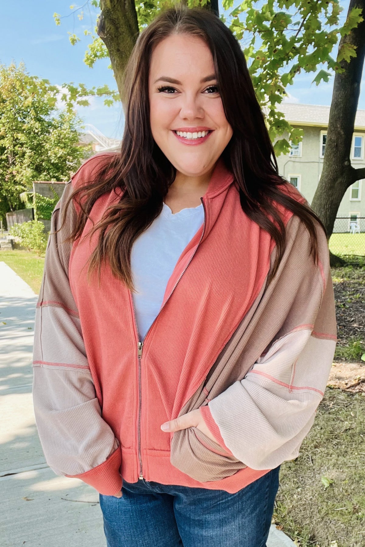 Haptics Boldy You Camel Dolman Sleeve Color block Knit Bomber Jacket