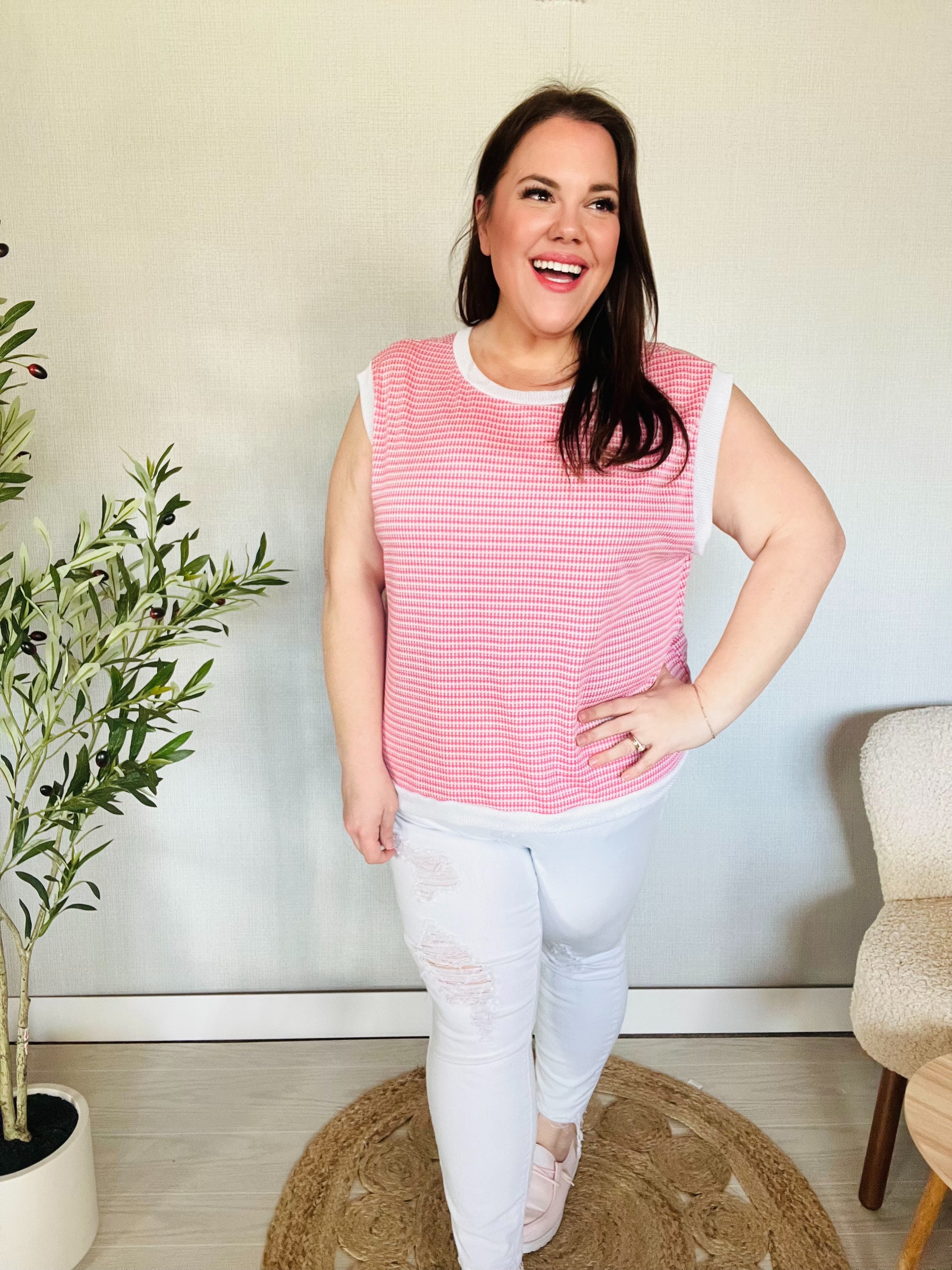 Haptics Pink & Ivory Jacquard Waffle Knit Banded Sleeveless Top