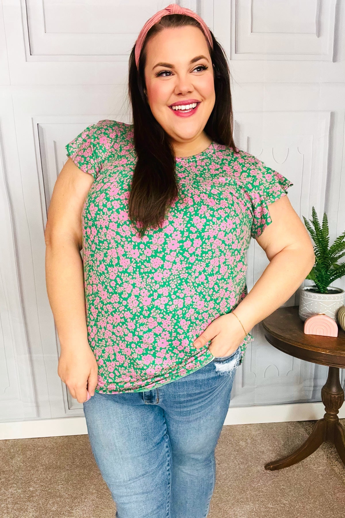 Haptics Dreamy Green & Pink Floral Yoke Ruffle Short Sleeve Top Final Sale