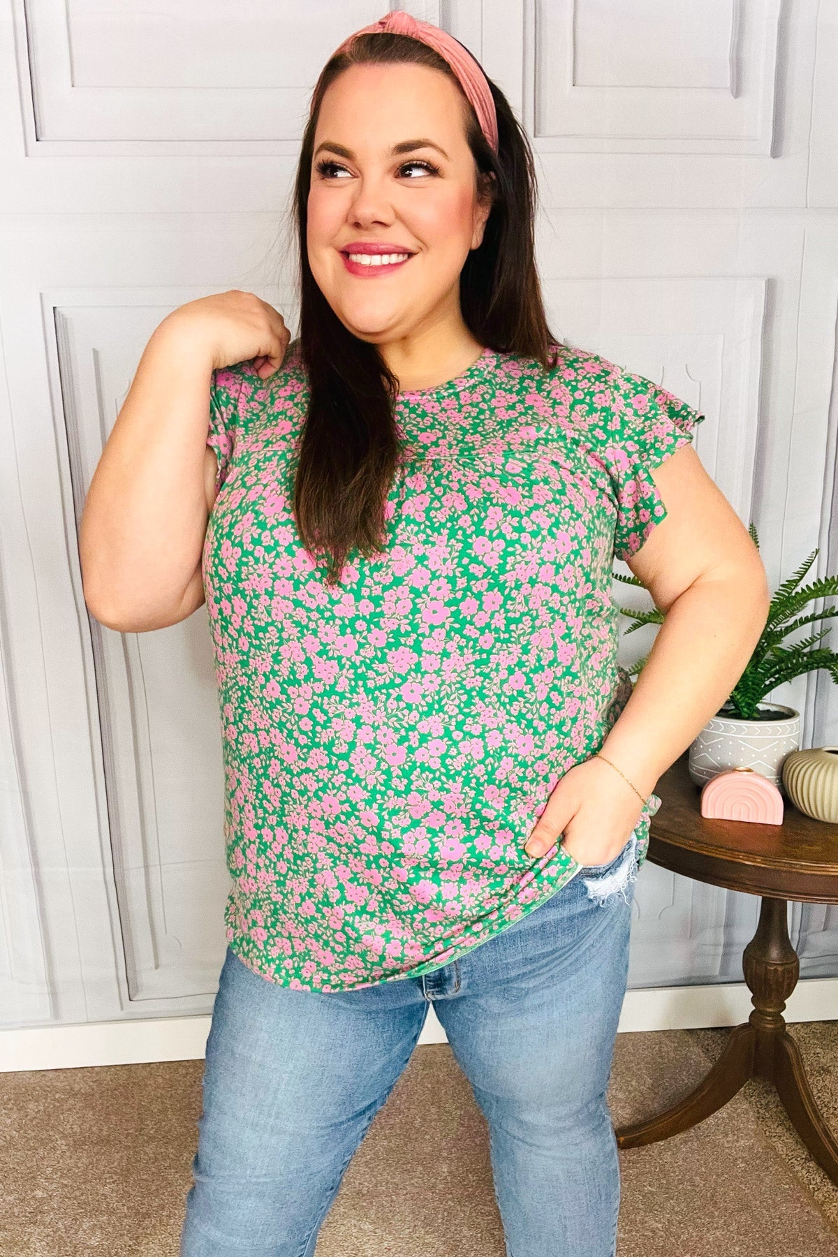 Haptics Dreamy Green & Pink Floral Yoke Ruffle Short Sleeve Top Final Sale