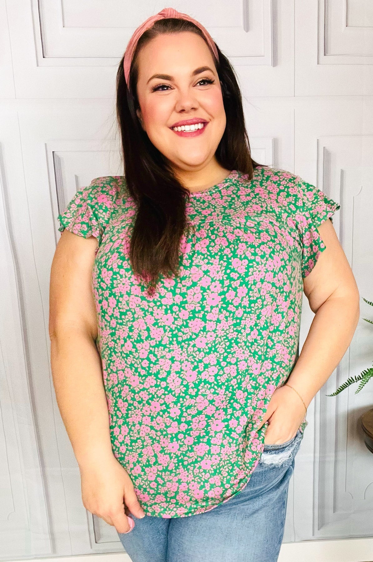 Haptics Dreamy Green & Pink Floral Yoke Ruffle Short Sleeve Top Final Sale