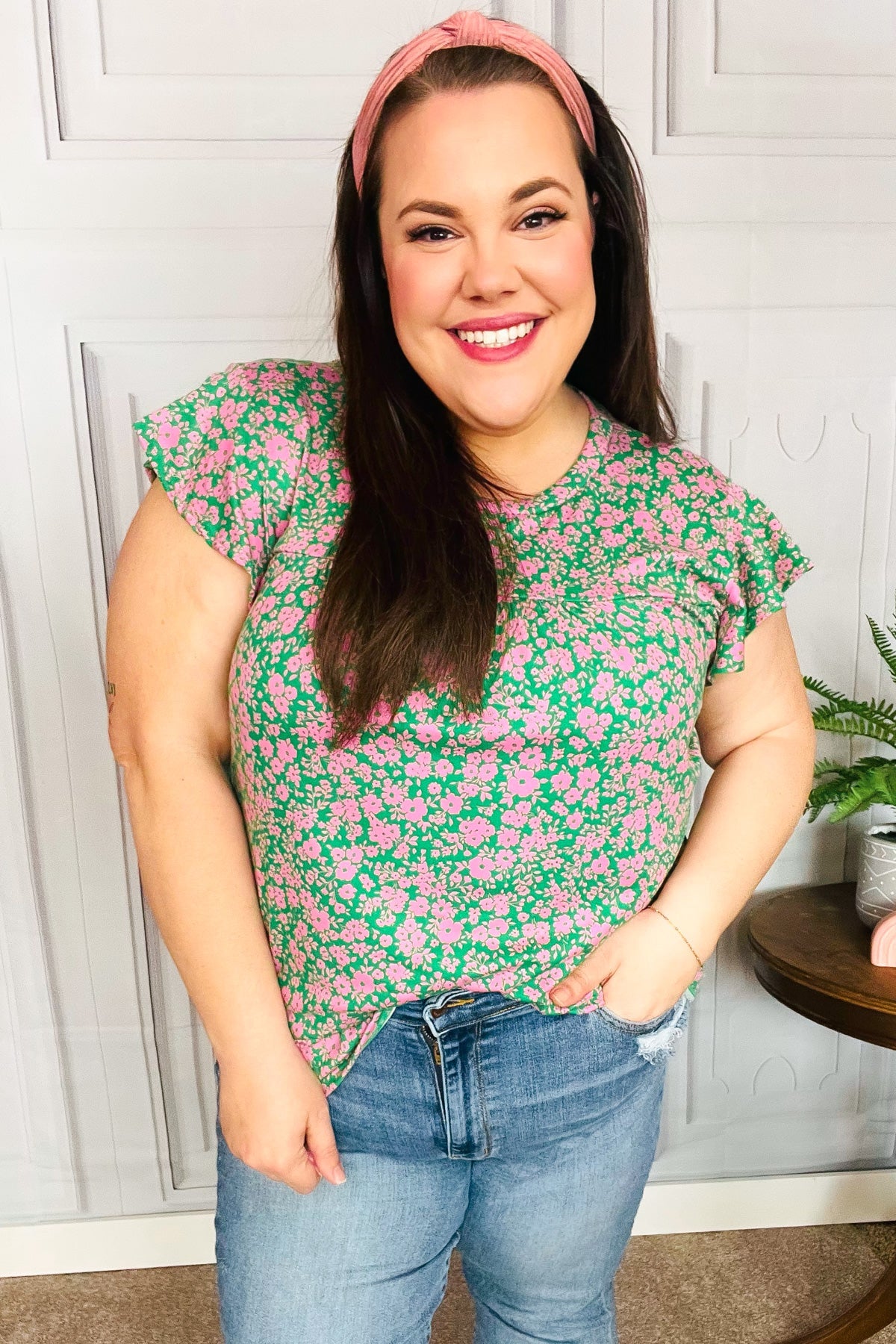 Haptics Dreamy Green & Pink Floral Yoke Ruffle Short Sleeve Top Final Sale